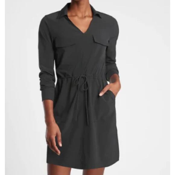 ATHLETA Zuma Cinch Waist Long Sleeve V-neck w/Collar Black Dress XS LBD Comfort - Picture 1 of 7